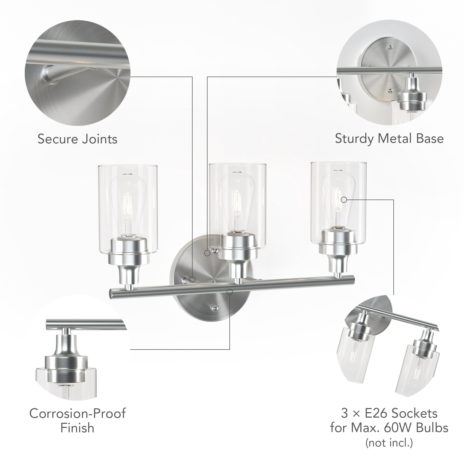3 Light Wall Sconce Dimmable Vanity Light Fixture for Max 60W E26 Bulbs Nickel