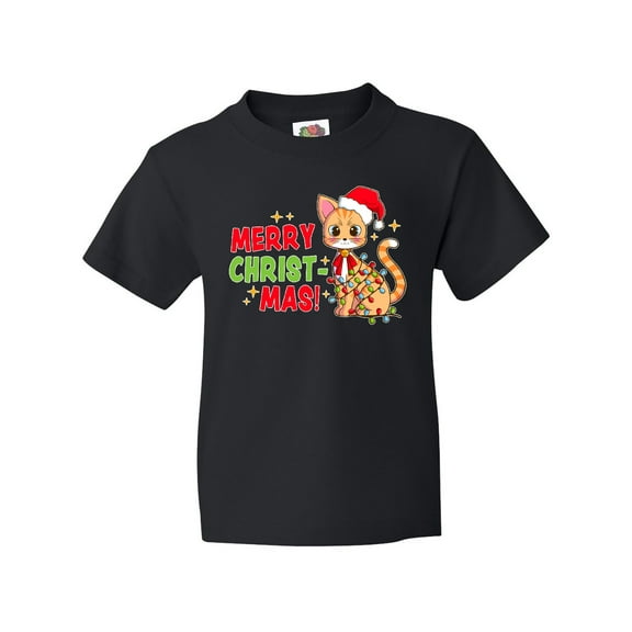 Inktastic Merry Christmas Cute Cat with Colorful Lights Youth T-Shirt