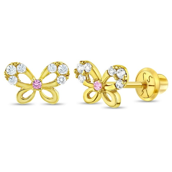 14k Yellow Gold Young Girl's Pink and Clear Cubic Zirconia Butterfly Screw Backs