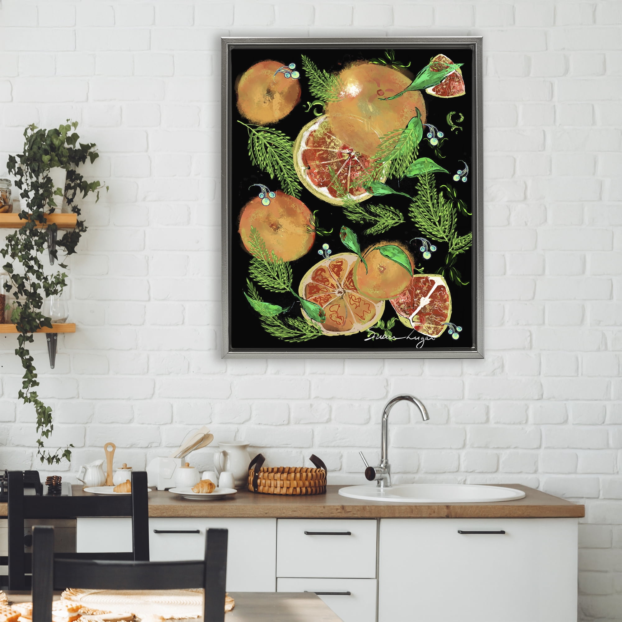Stupell Industries Grapefruit & Ferns Medley Gray Framed Floater Canvas Wall Art, design by Susan Lugar