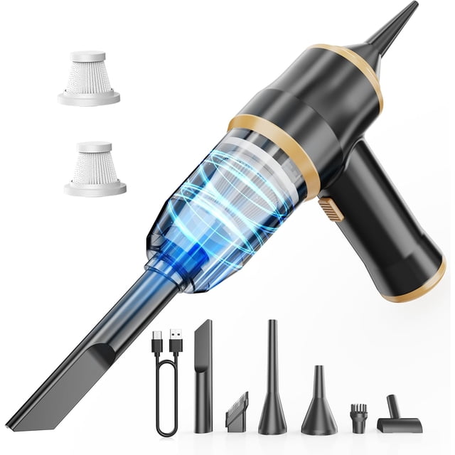 Handheld Car Vacuum Cleaner, Portable Cordless Mini Vacuums with Multi-Nozzles, featuring a black and gold design with a semi-transparent dirt bowl. Includes multiple detachable nozzles, a USB-C charging cable, and two HEPA filters. This high-power cordless handheld vacuum is ideal for cleaning cars, sofas, keyboards, and more.