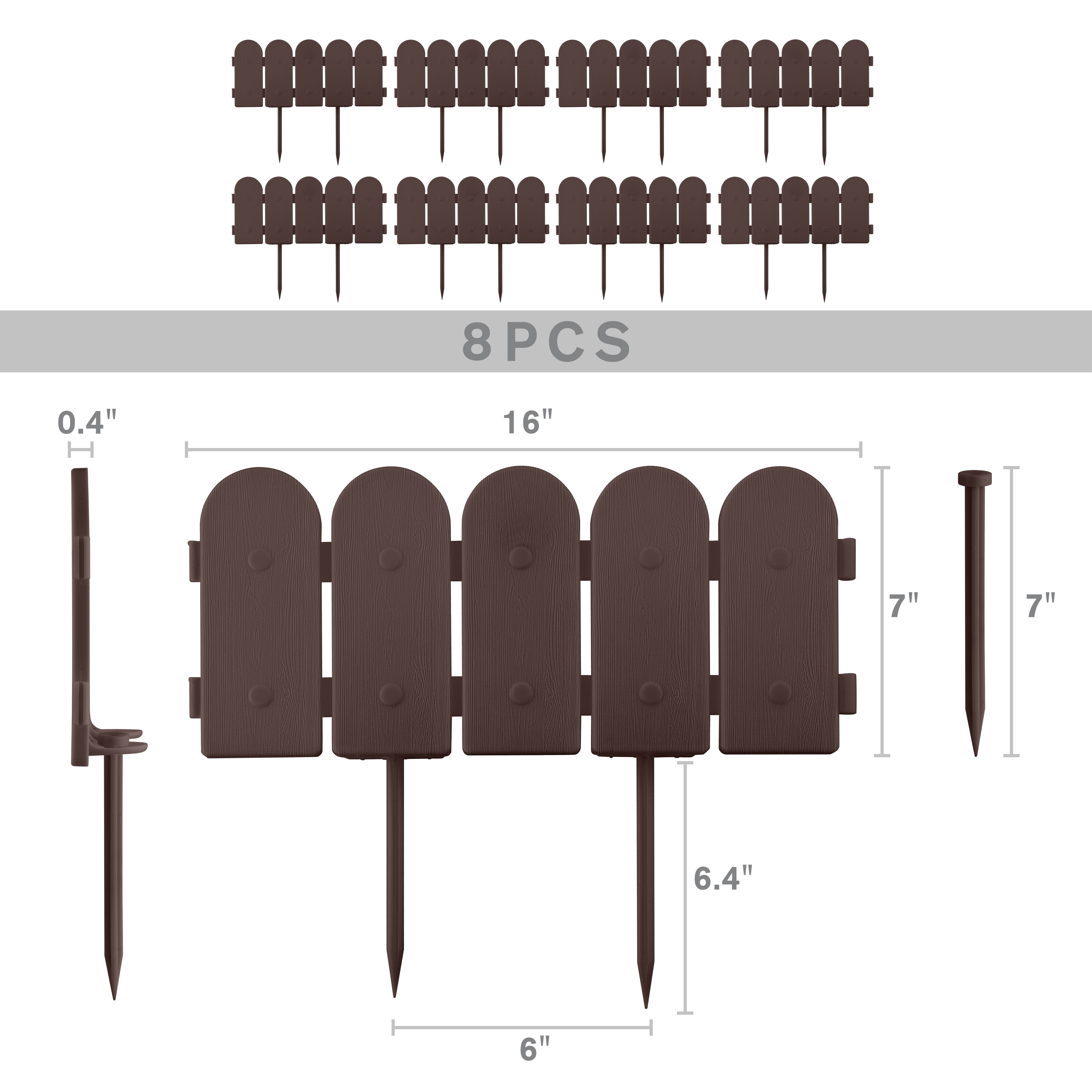 Evelyne Garden Border Edging: Wooden Fence Design - 8pcs Brown Yard Landscaping Fence Liner Lawn Edge Barrier - 10ft Kit of Decorative Lawn Landscape Panels Elements - GMT-10374-A08