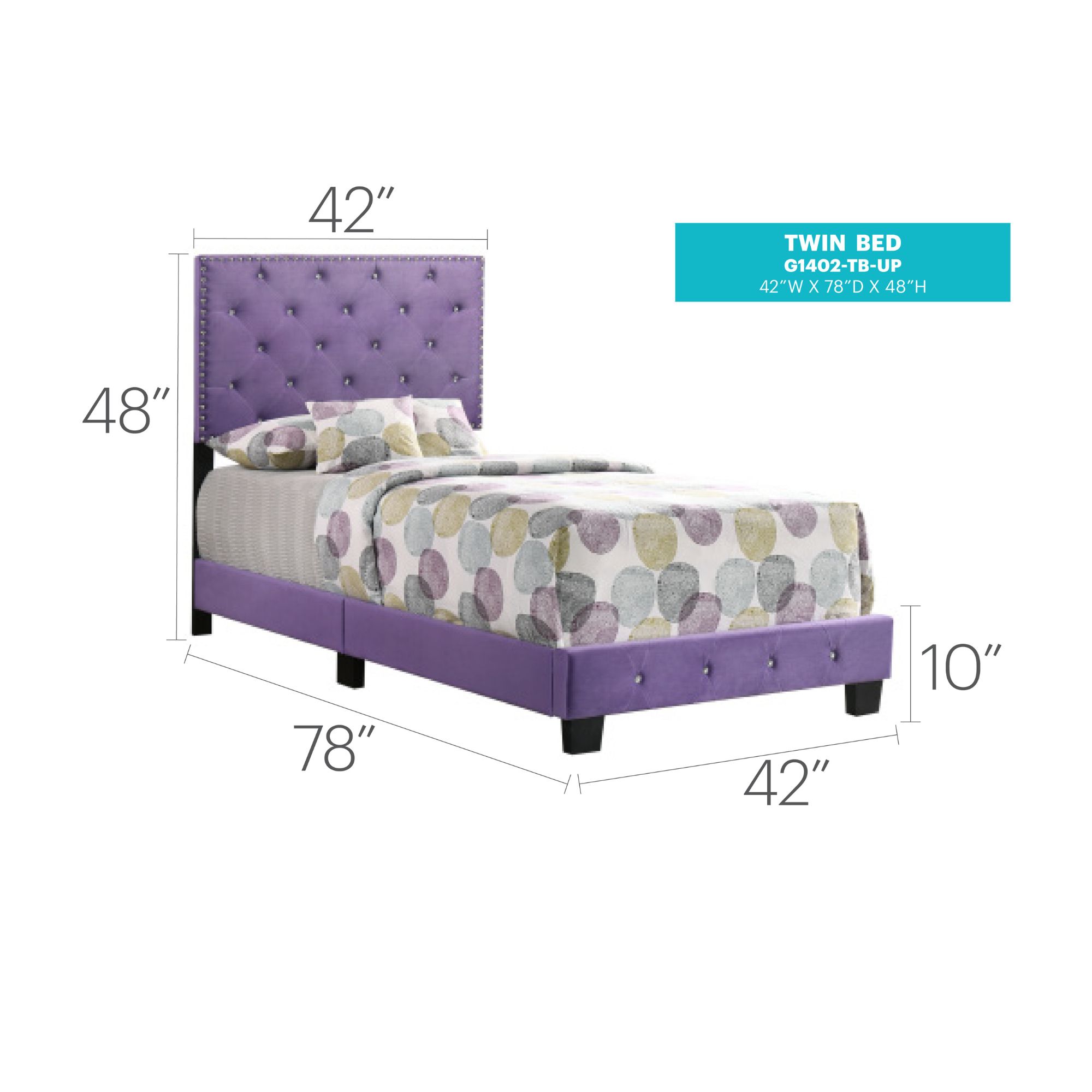 Noble House Casual Velvet Twin Bed for Kids with Tufted Headboard, Wood Supports, Purple