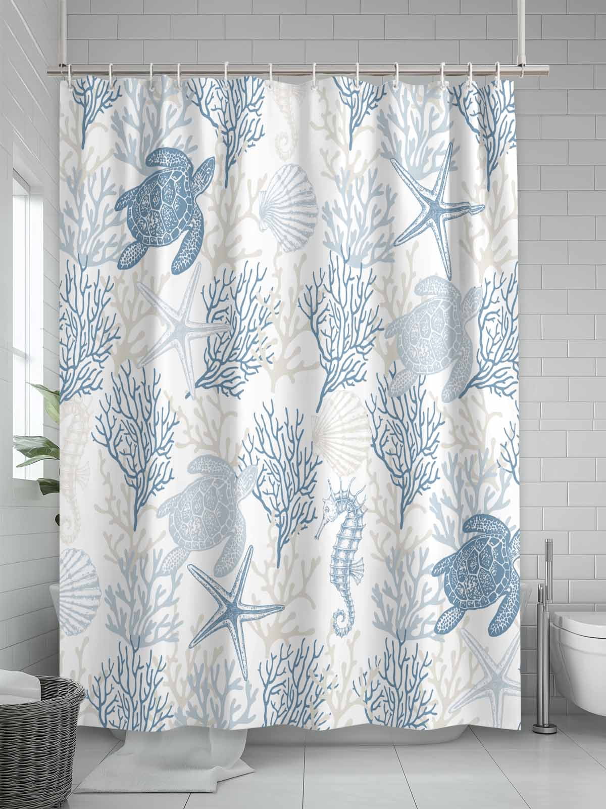 Boanket Polyester Fabric Blue Grey Coastal Shower Curtain, Sea Turtle Nautical Coral Summer Beach Waterproof Bathtub Curtain Bathroom Decor Set with Hooks 36 x 78 Inches,