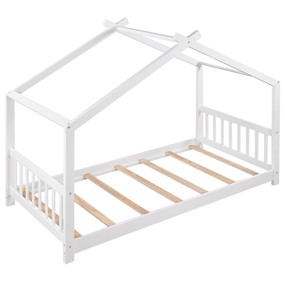Twin Size House Bed for Kids & Teens,Solid Wood Twin Size Floor Montessori Bed with Headboard & Footboard, Toddlers House Floor Bed with Roof and Slat, No Box Spring Need,Espresso Bed Frame,White