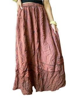 Mogul Women Long Boho Skirt, Russet Brown Stonewash Embroidered Flared Bohemian Maxi Skirts M