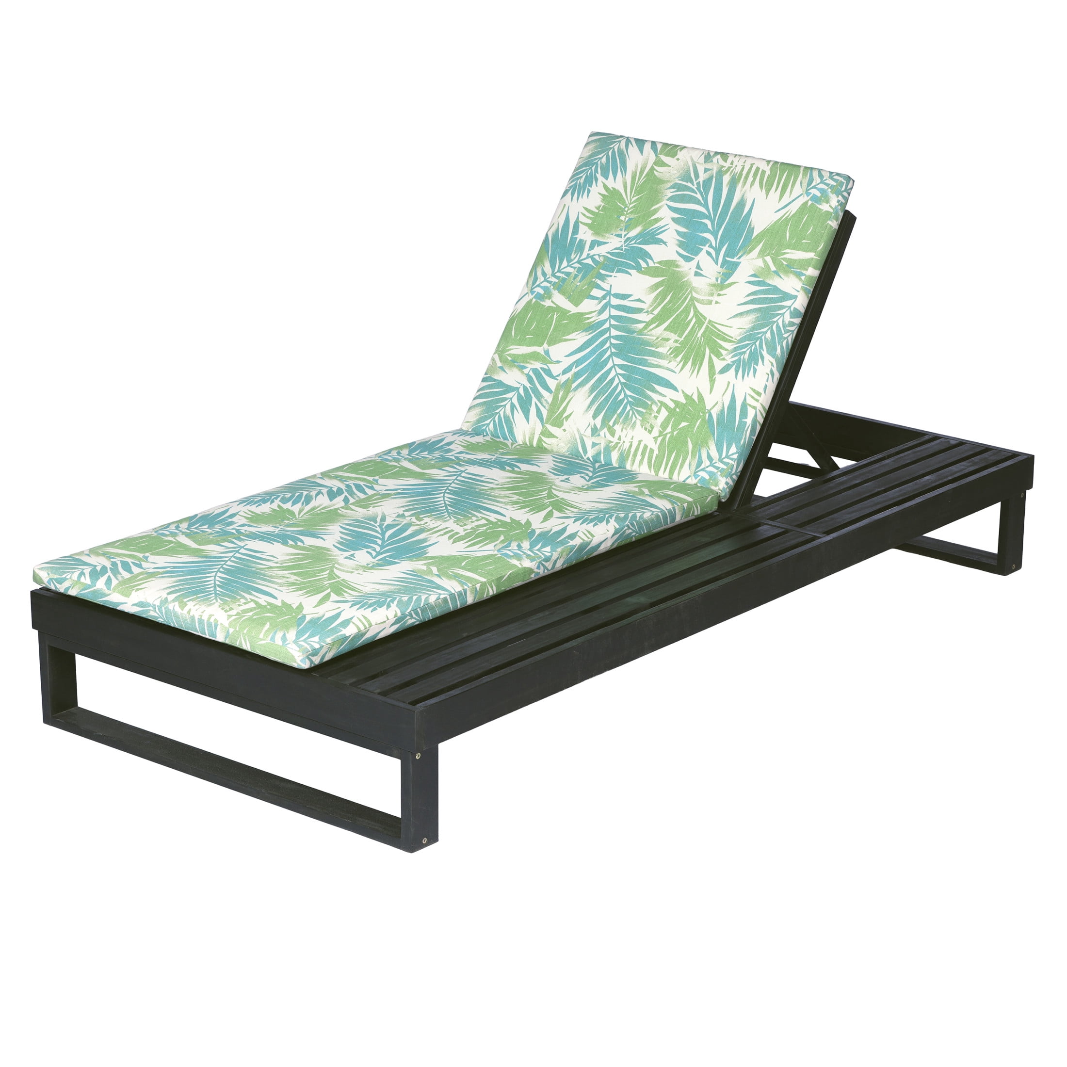 Christopher Knight Home Acacia Wood Chaise Lounge with 1.57" Cushion, Adjustable Recliner, Black + Green Leaf