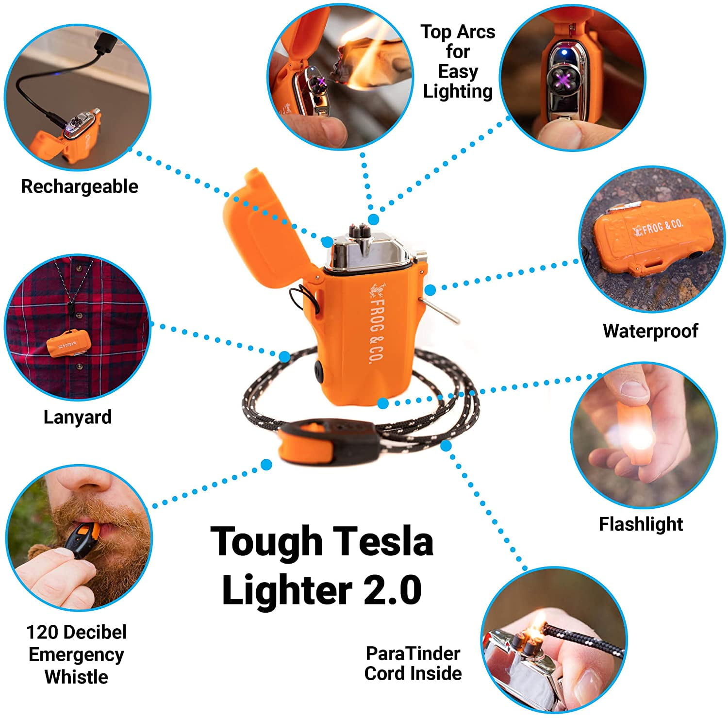 Tough Tesla Lighter 2.0 – Waterproof Windproof Flameless Top-Facing Dual Arc Plasma USB Rechargeable Electric w/Built-in Flashlight, Camping, Hiking, Survival Fire Starter by Frog & Co. (Orange)