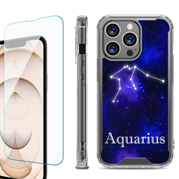 Shockproof Bumper Phone Case for iPhone 13 Pro Max, with Tempered Glass Screen Protector, by OneToughShield ® - Zodiac / Aquarius