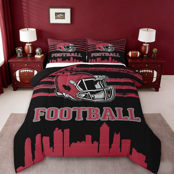 jejeloiu Football Sport City Twin Comforter Sets,Red Rugby Helmet Bedding Set For Boys Kids Reversible 2 Pieces