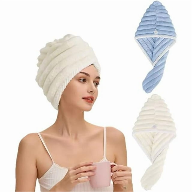 wonima11 Microfiber Hair Towel Wrap, 2Pack Thickened Drying Hair Wraps Towels with Button. Super Absorbent Drying Hair Towel Wrap for Curly Hair, Anti Frizz Towel for Women(Blue+ Off White)