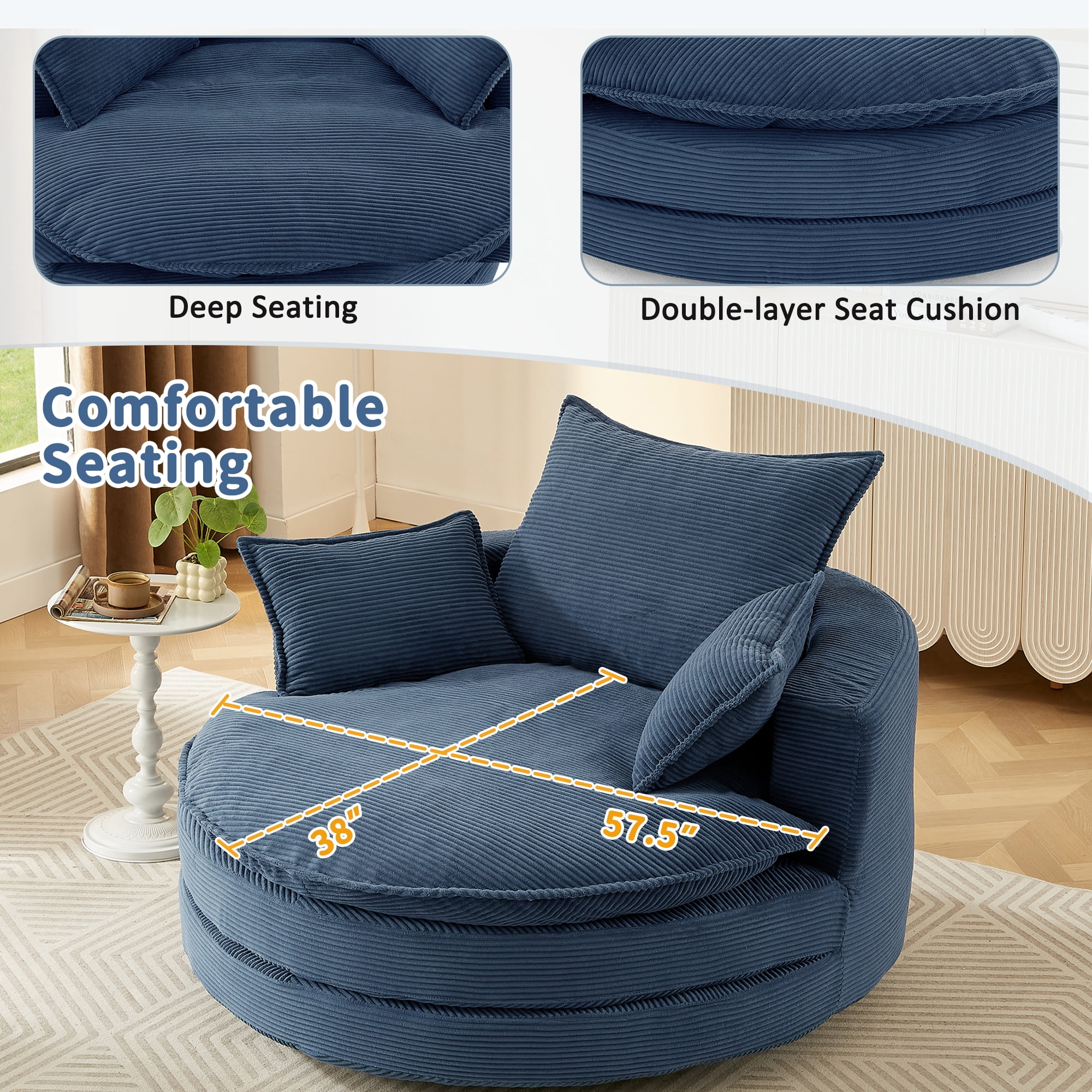 Euroco Oversized Round Swivel Chair with Corduroy Upholstery and Deep Seat, 360° Rotation Lounge Chair with Pillows for Living Room or Bedroom – 57.5" W x 56.5" D x 35.25" H