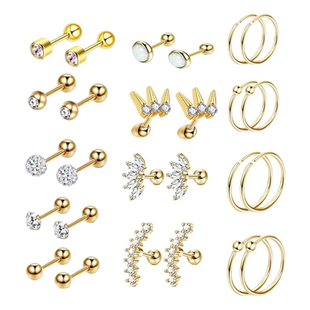 Pendientes de Tuerca Sunnimix 16G CZ Unisex 8mm 6mm Barra de Acero Inoxidable Tono dorado