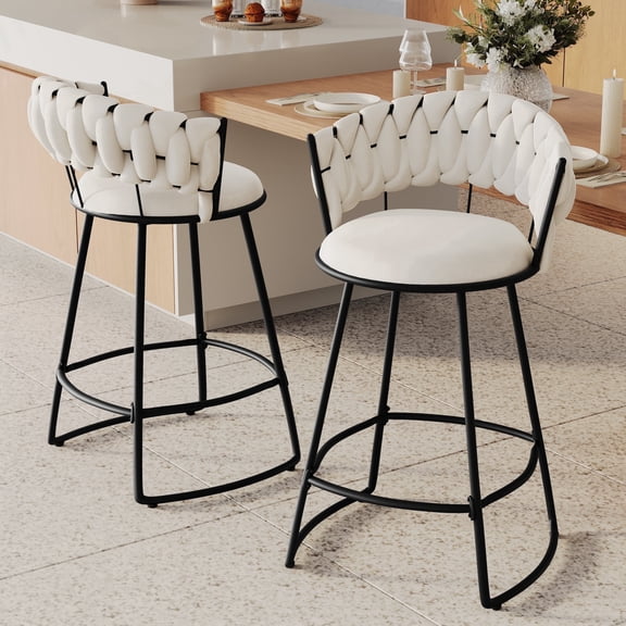Andeworld 24'' Barstools set of 2, Modern Velvet Bar Stools with Woven Back, Counter Height Barstools with Upholstered Seating, U-Footrest, Ivory