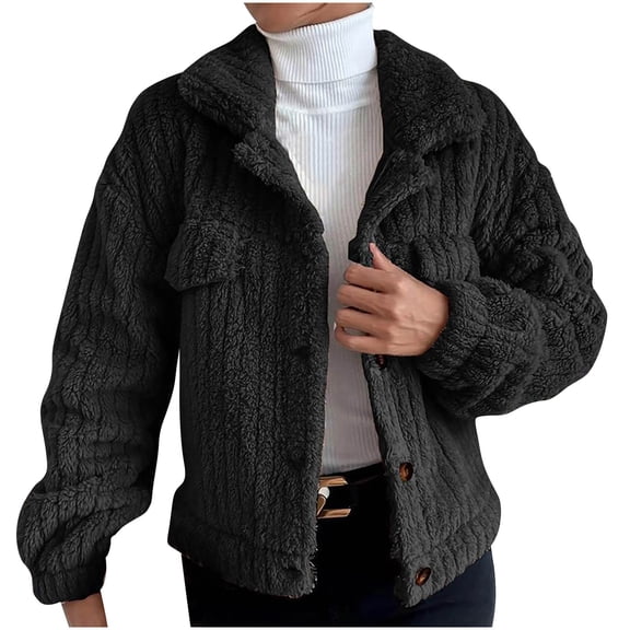 Women Vintage Fuzzy Coat Lapel Sherpa Fleece Jacket Lapel Collar Button Down Winter Warm Coats Outerwear with Pockets