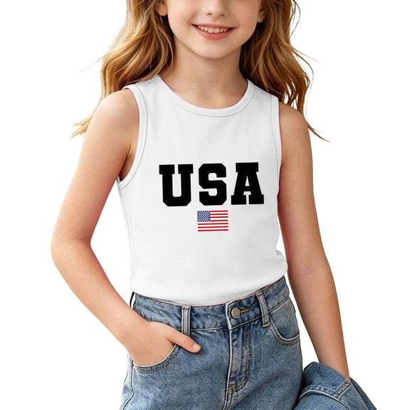 HBYJLZYG USA Flag Tank Top for Boys Girls, 4th of July Sleeveless Patriotic Shirt with American Flag Print, Independence Day Tee for Kids 3-15 Years