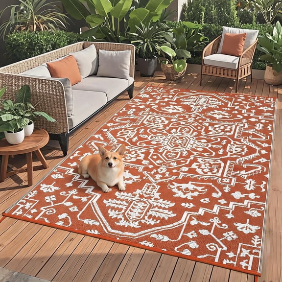 Terracotta 9x18 Outdoor Rug, Waterproof Plastic Straw Mat, Reversible UV Resistant Foldable Patio Mat