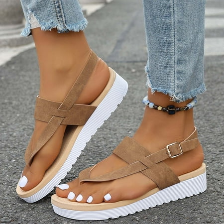 Clearance & Promo Women s Summer Casual Herringbone Wide Strap Sandals  Big Size  Pigmented Toe Straps  Comfortable Flat Shoes  for Travel  Daily Wear  Non-Slip Outsole  Cozy Plus Tunic|Pu Khaki