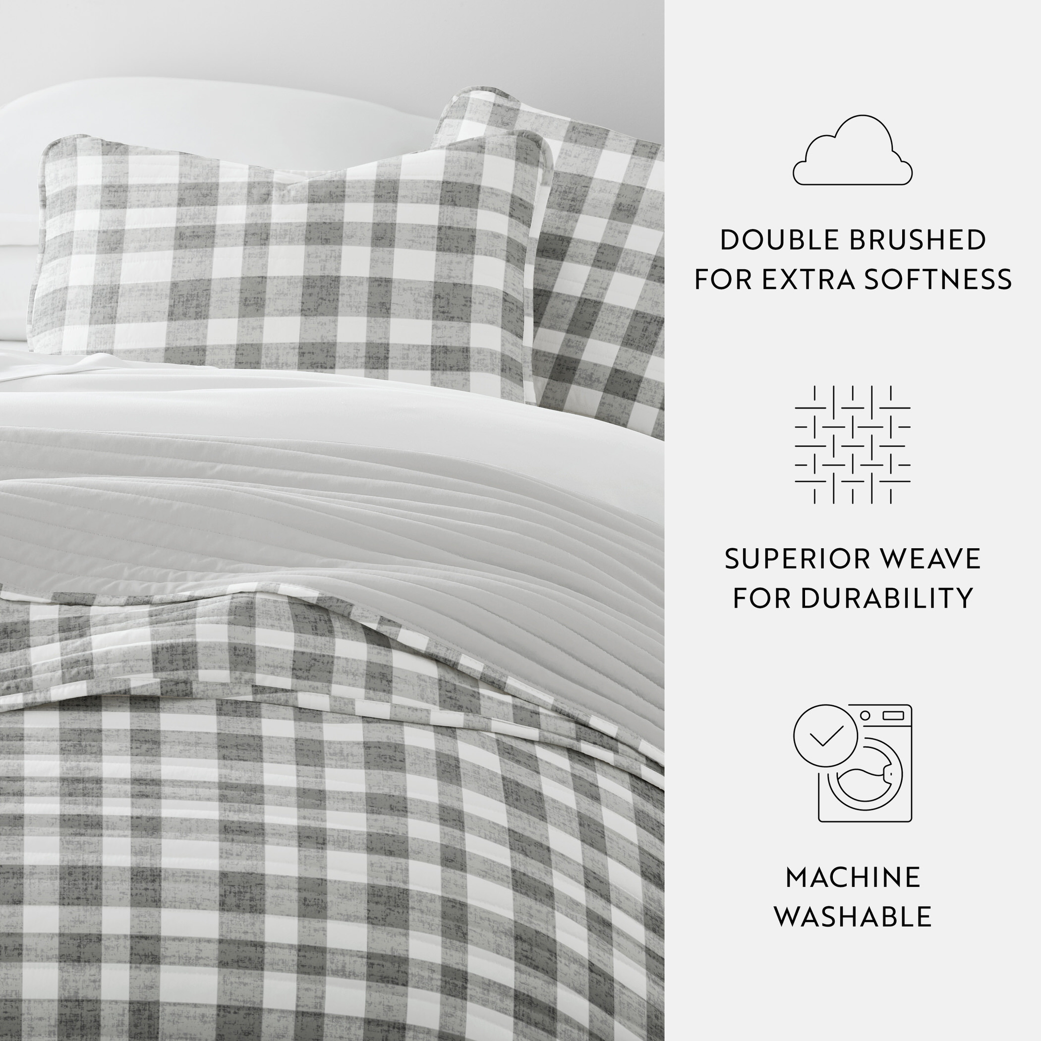 Noble Linens 3-Piece Gray Watercolor Plaid Reversible Quilt Set, Queen
