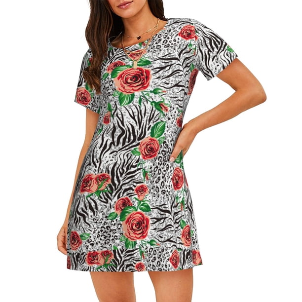 Balery Roses Mixed Zebra 1 Camisón de manga corta con cuello redondo para mujer, cómodo y elegante.