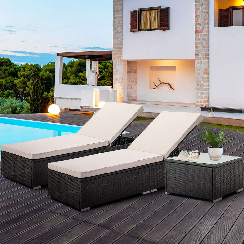 UHOMEPRO 3Pcs Outdoor Chaise Lounges, Rattan Chaise Lounge Chairs Set ...