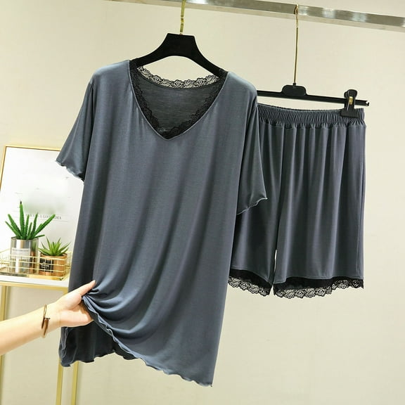 Taylonsss Womens Sleepwear Set V Neck Split Sleeve T-Shirt Relaxed Wide-Leg Shorts Loungewear Two-Piece Pajama Outfit