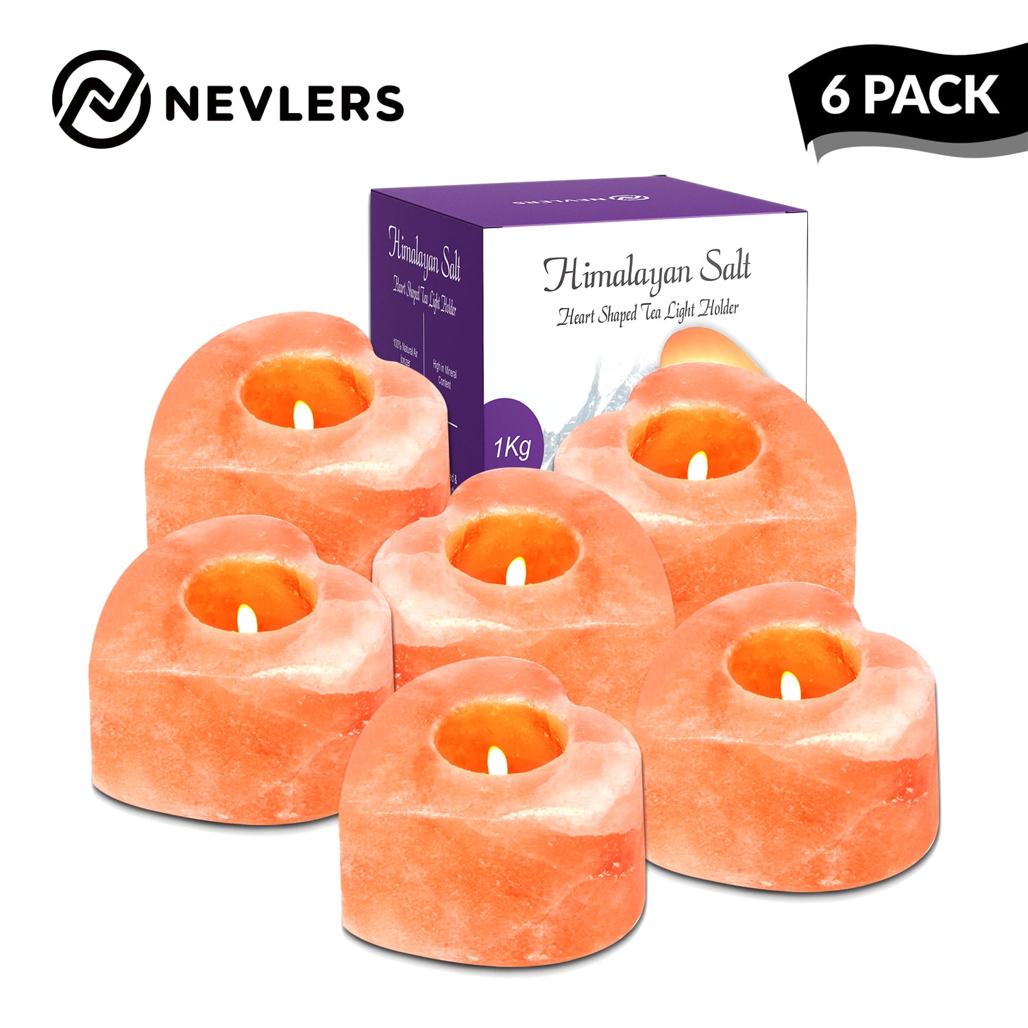 Nevlers All Natural Handcrafted Himalayan Salt Heart Shaped Tealight Candle Holders - 6 Pack