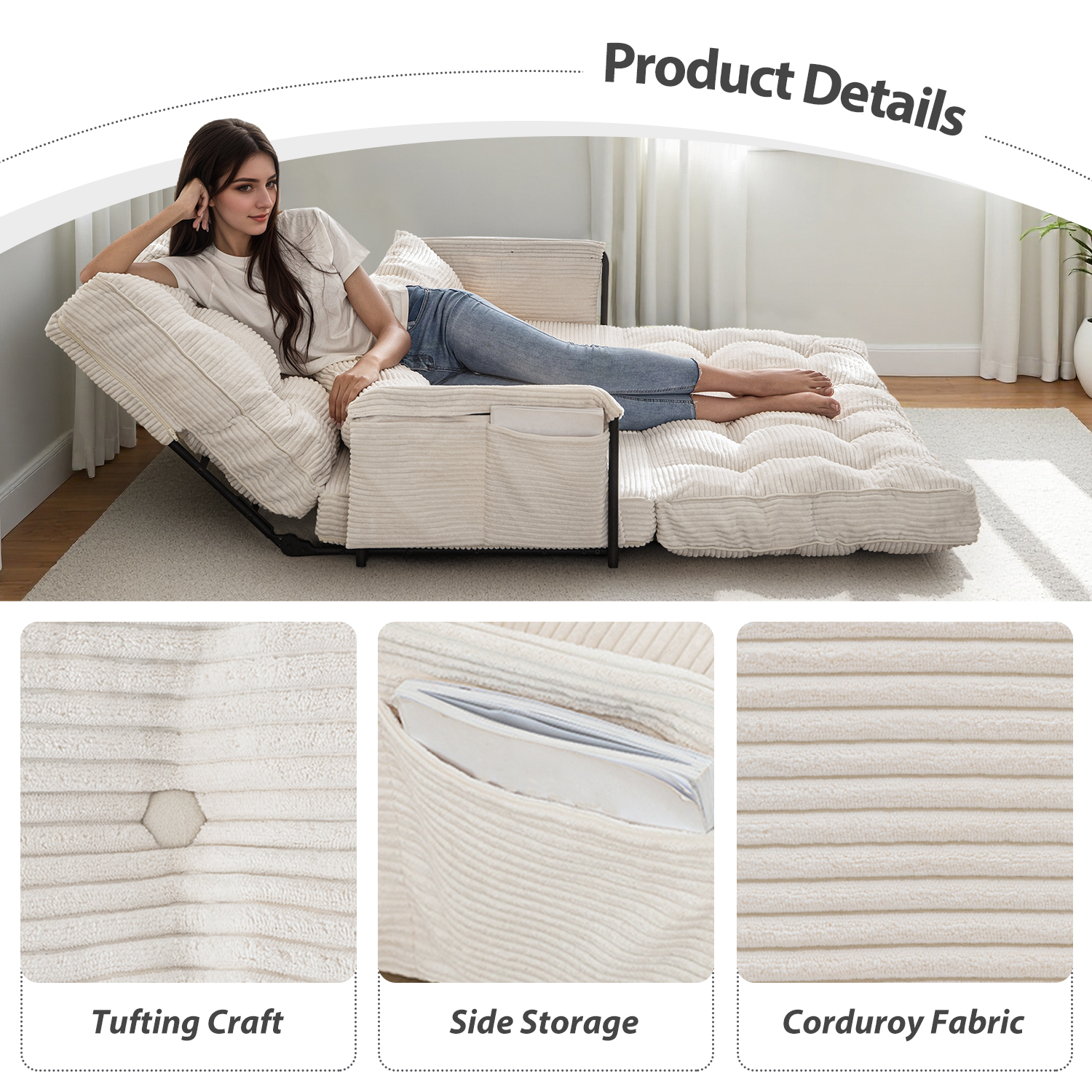 GOODONE Convertible Floor Sofa,Bean Bag Sofa with Pillows,Multifunctional Lazy Sofa with Pillows,Adult Reading Chair,Suitable for Bedroom or Living Room,Beige,Loveseat