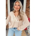 thumbnail image 3 of Women's Oatmeal Waffle Patchwork Drop Shoulder Hooded Long Sleeve Top | [ZhiHiMeRi] | L, 3 of 5