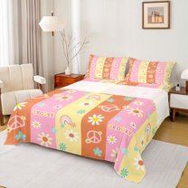 Feelyou Cartoon Groovy Flower Bed Sheets, Peace and Love King Sheets, Rainbow Stripes Sheet Set, Super Cozy Room Decor, 4-Piece