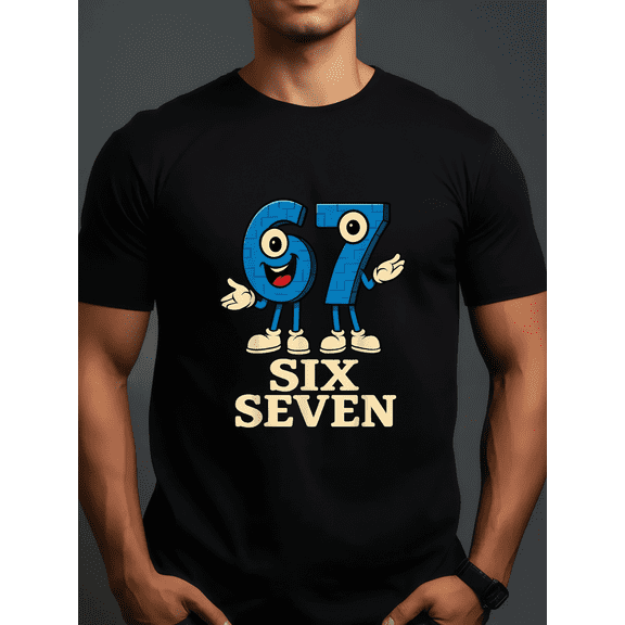 Retro Funny Number 67 Cartoon Character Graphic Tee Cute Six Seven Men's Black Cotton T-Shirt Unique Animated Design Top