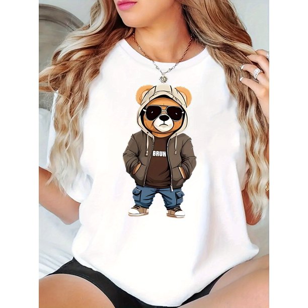 Camiseta informal de manga corta y cuello redondo para mujer, de punto de algodón a la moda, elástica, con estampado de animales y gafas de oso, ideal para todas las estaciones, ideal para deportes de