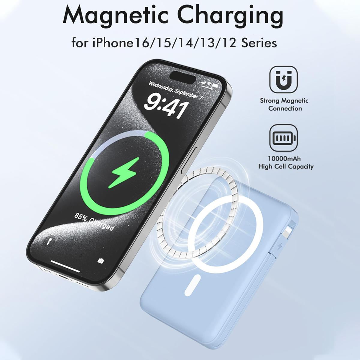 Podoru Wireless Portable Charger, 10000mAh Magnetic Power Bank Built-in USB C Lighting Cables 22.5W PD Fast Charging LED Display Battery Pack for for iPhone 16/15/14/13/12 - Blue