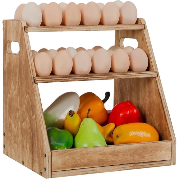3-Tier Rustic Brown Wood Egg Storage Rack – Pull-out Kitchen Egg Holder, Countertop Egg Display Stand with Fruit & Vegetable Bin