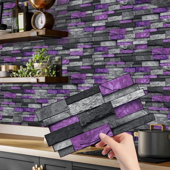 12 Pcs Self Adhesive Tiles Stickers Wall Decals 4.72 x 9.68inch Purple and Gray Stone Brick DIY Decor Peel and Stick Kitchen Backsplash