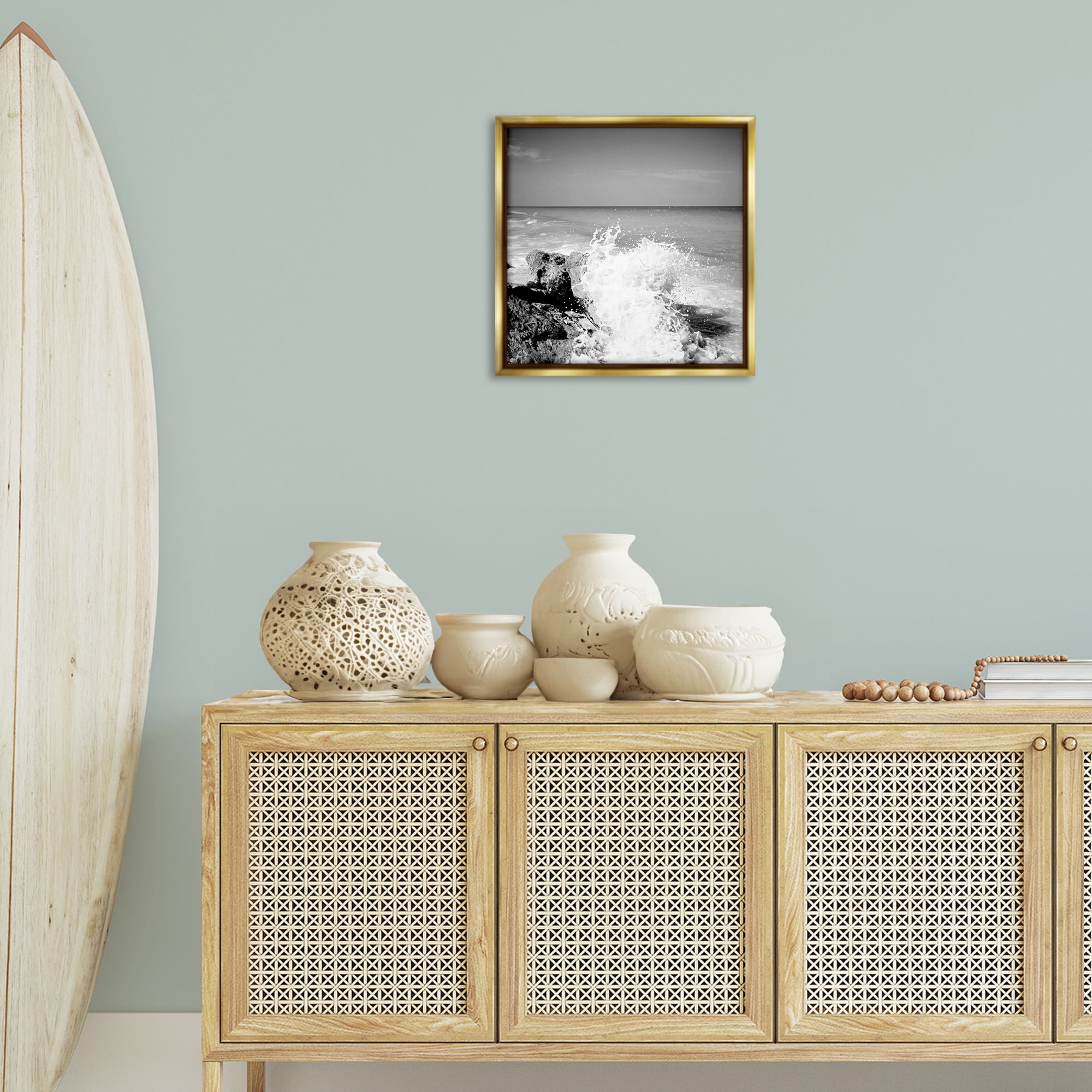 Stupell Industries Splashing Rough Waters Coastal Photography Gold Floater Framed Canvas Art Print Wall Art, 18 x 18