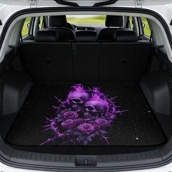 Xixirimido Universal Car Trunk Mat, All Weather Trunk Protection Cargo Liner Stylish Auto Interior Accessories Durable Cargo Mat 29" x 39", Purple Flame Roses Skulls
