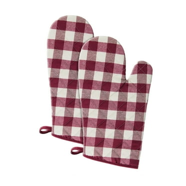 Traditional Elegance Buffalo Check Oven Mitt - Burgundy - 7-in x 13-in - Set of Two
