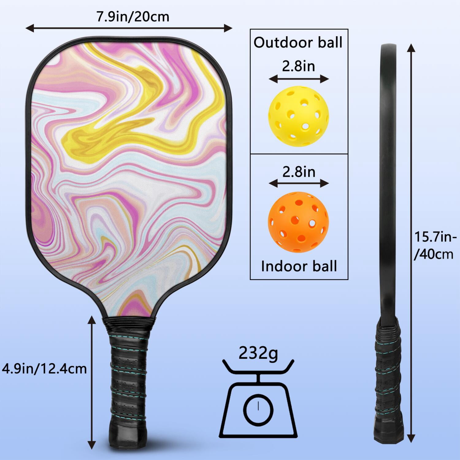 Pickleball Paddles Set Of 2, Fiberglass Surface, Liquid & Marble Print, 4 Balls & Bag