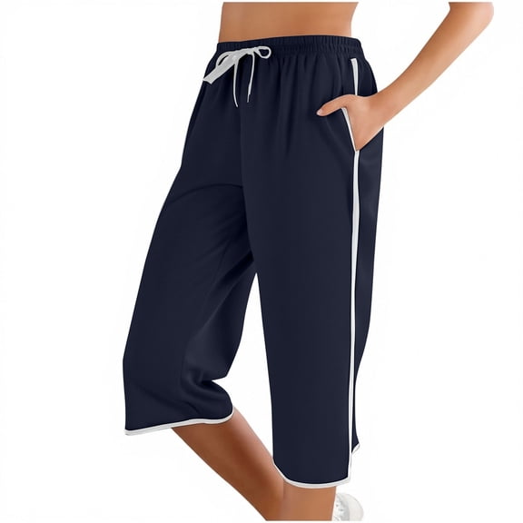 VNKIDY Womens High Waist Drawstring Elastic Waist Capri Pants Contrast Side Stripe Trim Side Pocket Loose Fit Casual Athletic Trousers For Sports Daily Wear Navy M
