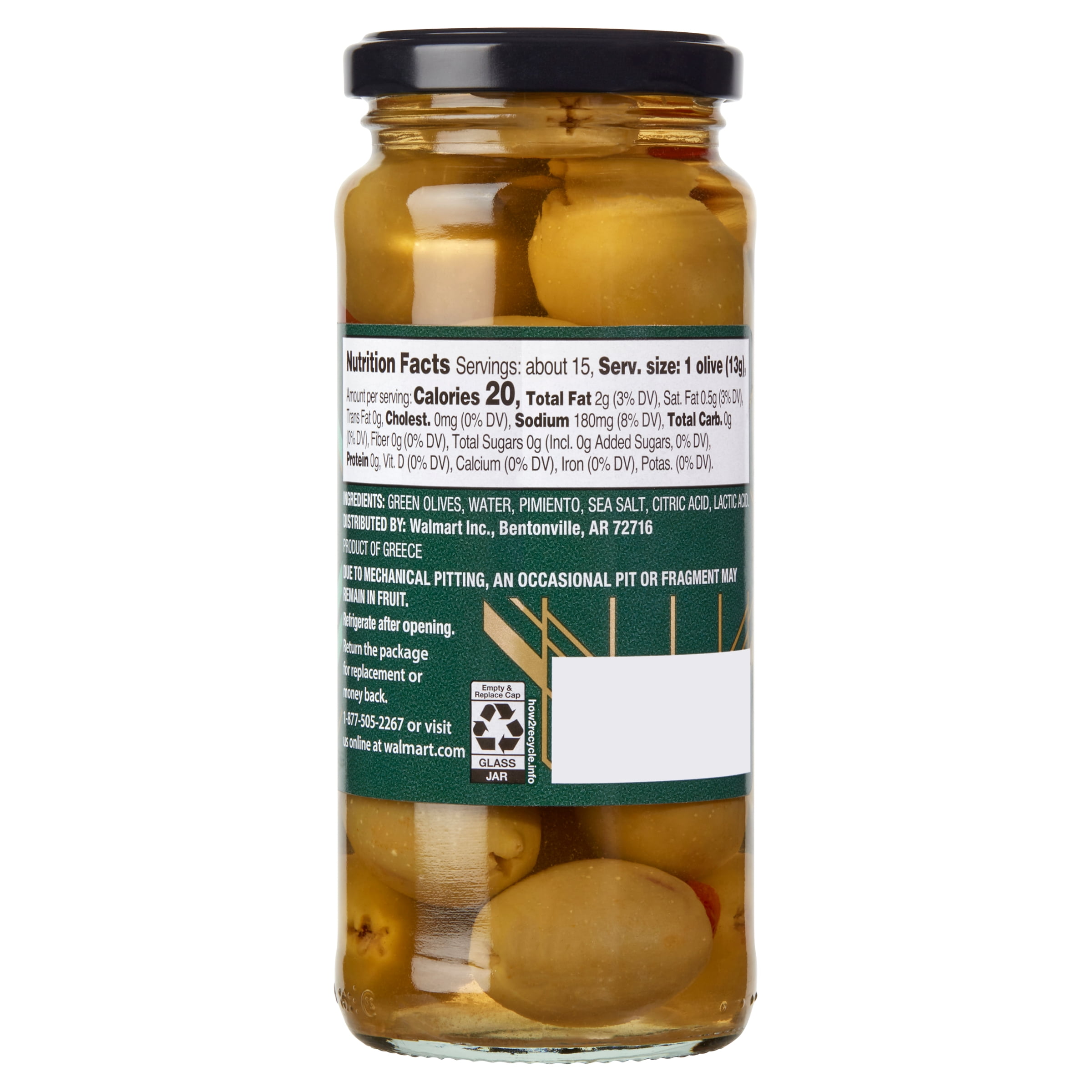 Great Value Green Olives Stuffed with Pimiento, 7 oz Glass Jar