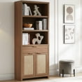 thumbnail image 3 of OAKHAM 5 Shelf Bookcase with Doors, 73"Tall Rattan Bookshelf with Cabinet and Drawer, Special Walnut, 3 of 11
