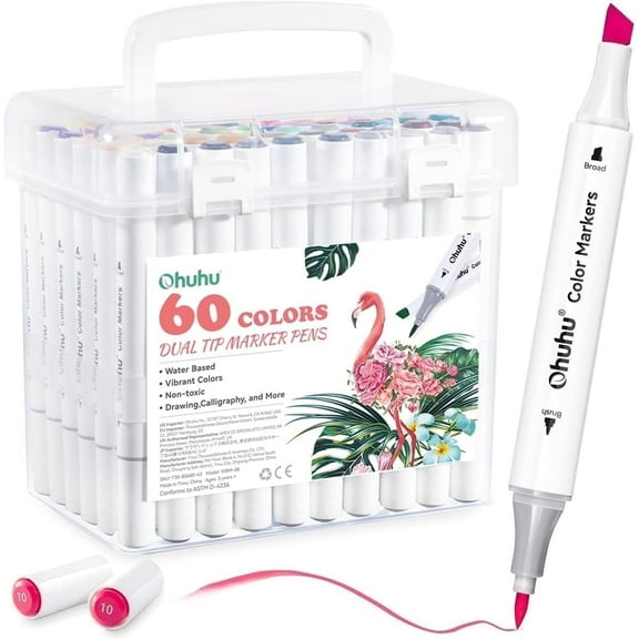 Ohuhu 60-Color Water-Based Markers, Dual Tip Brush & Chisel, No Bleed, for Adult Coloring
