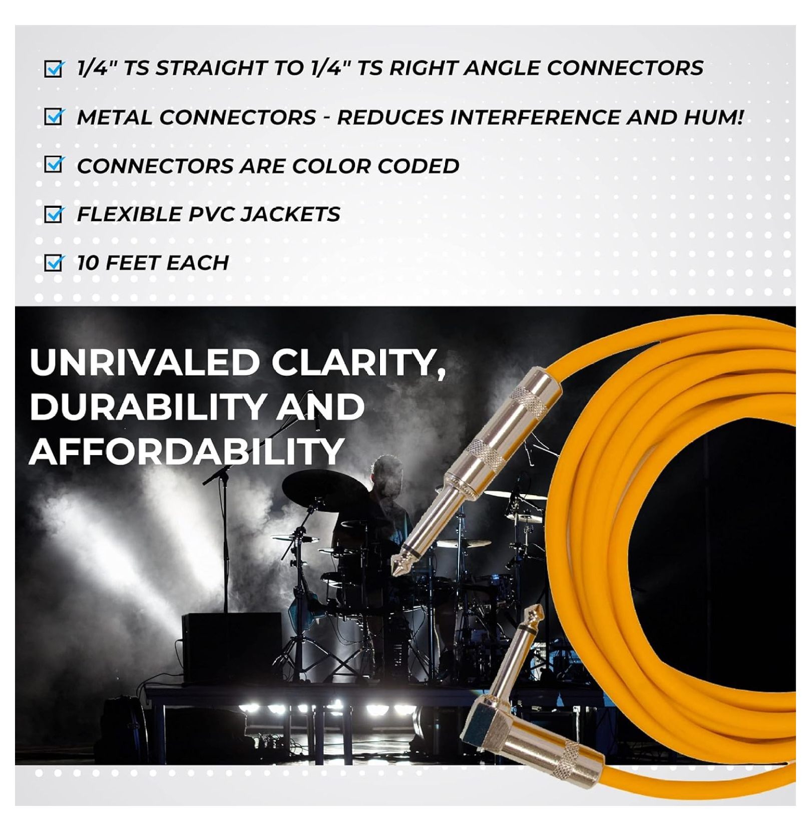 Speakers Guitar Cables, Right Angle To Straight Guitar Cables, Multicolor, 10 Feet, 6 Pack