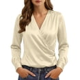 thumbnail image 2 of Kadlawus Women Long Sleeve Wrap Blouse Elegant Casual Basic Solid Slim Fit Tops Soft Flowy Fabric for Office Commute Business Trip Wear, Beige XL, 2 of 9