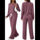 thumbnail image 3 of Conjuntos de Dos Piezas para Mujer, Suéter de Cuello Henley de Otoño, Chándal A Juego, Pijamas Cómodos con Bolsillos Vino Tinto S, 3 of 7
