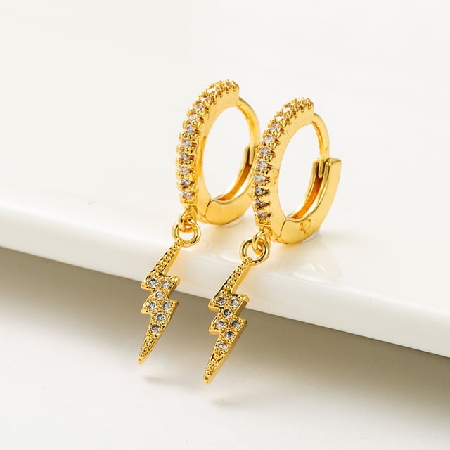 1 par de aretes de relámpago llamativos de alta calidad, aretes colgantes para mujer, aretes delicados de circón chapados en oro real de cobre, dorado