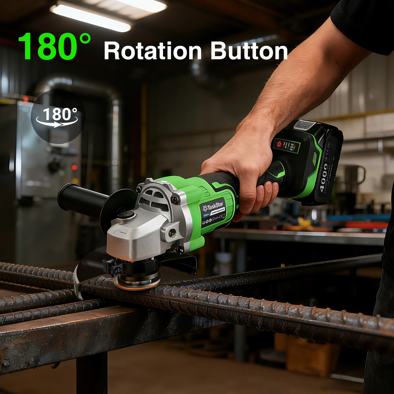 TaskStar 21V Cordless Angle Grinder, 2x4.0Ah Battery &  Charger, 10000RPM Brushless Motor, Power Angle Grinder with Cutting & Grinding Wheels, Flap Discs for Wood Metal & Rust Removal