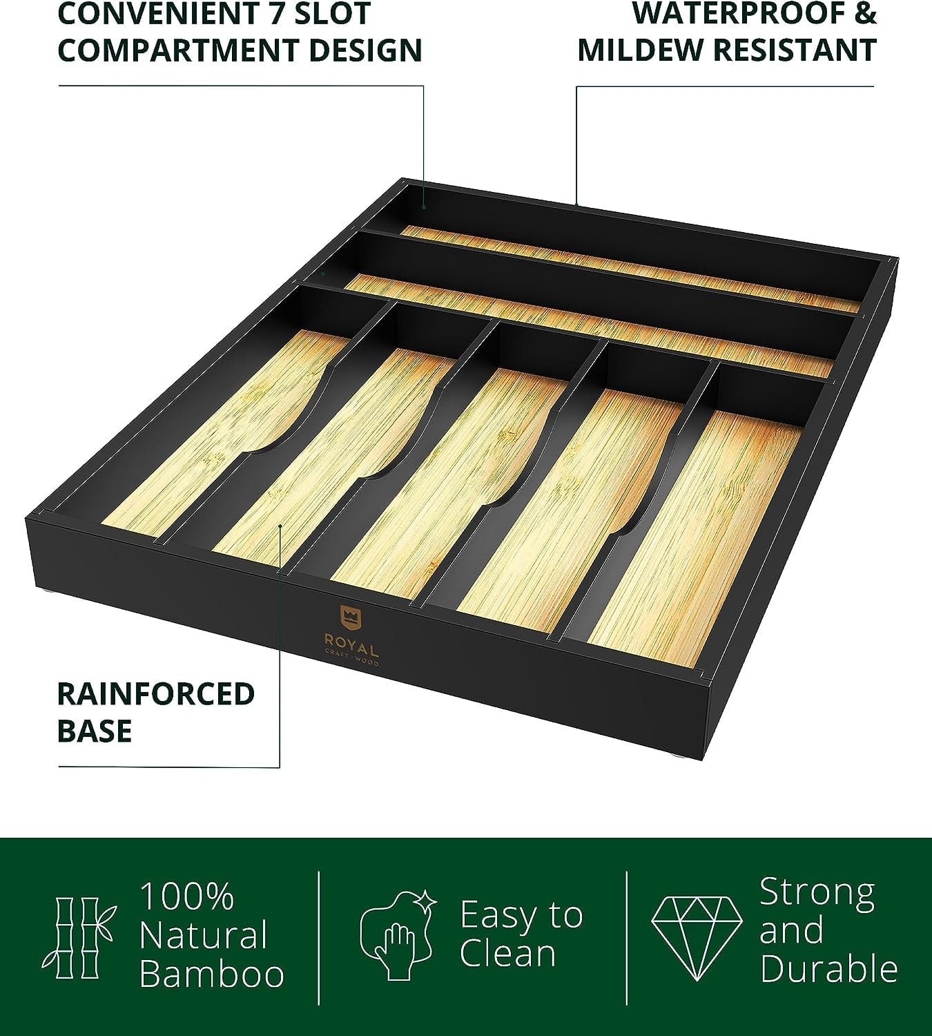 Royal Craft Wood Bamboo Kitchen Drawer Organizer Tray – Silverware Drawer Organizer and Utensil Holder for Flatware, Cutlery & Kitchen Storage (7 Slot, Nordic)