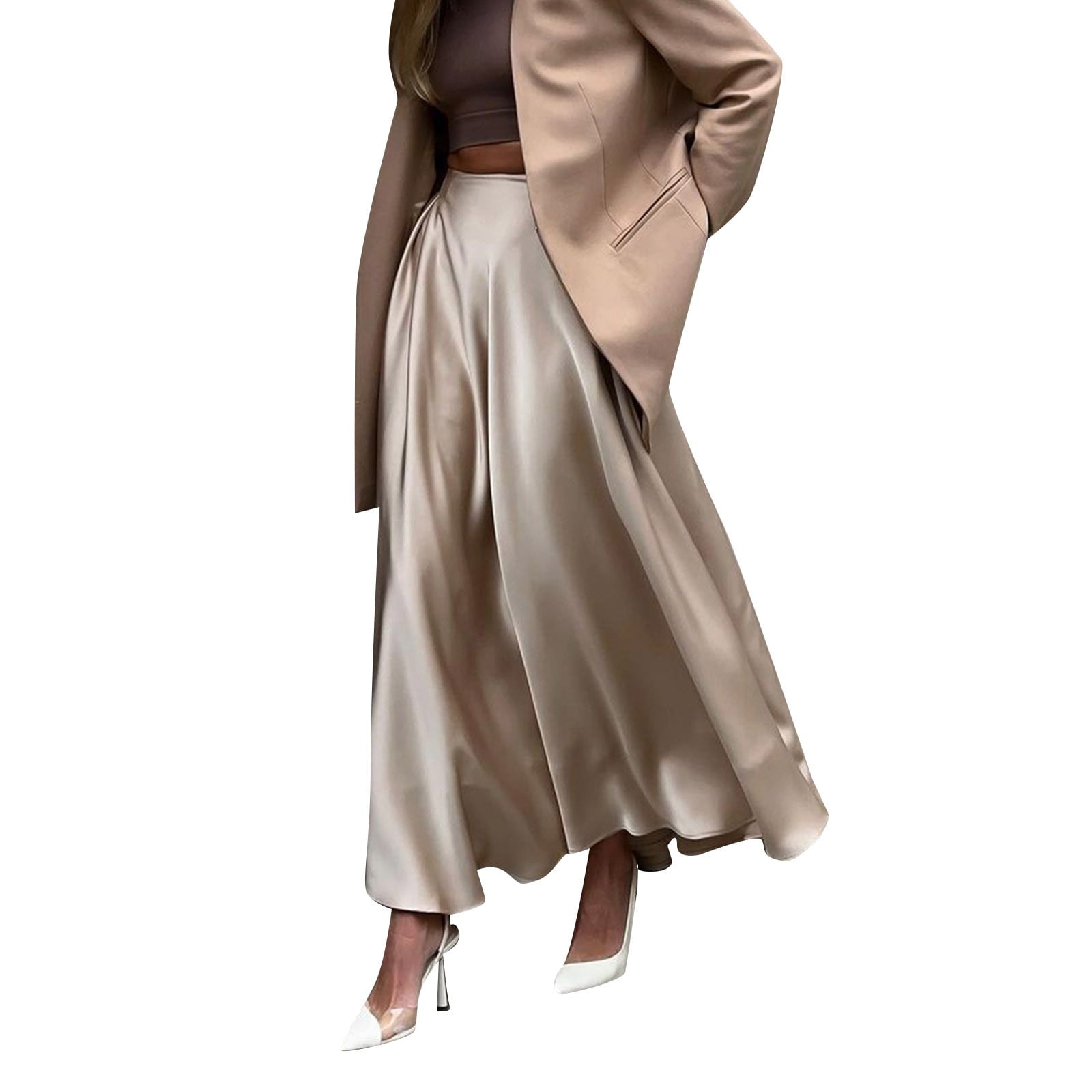 Fvwitlyh Faux Leather Skirt Womens Satin High Waist Hidden Elasticized Waistband Flared Casual A Line Midi Skirt Khaki S Walmart